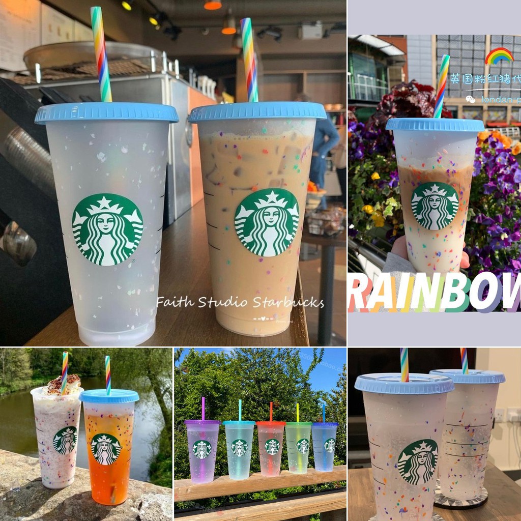 starbucks-cup-tumbler-discolor-confetti-reusable-plastic-tumbler-cold-cup-with-lid-and-straw-seven-color-rainbow-straw-cup-710ml-24oz-flowerdance