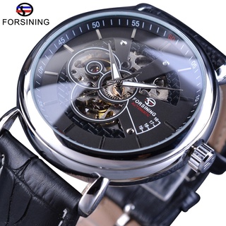 Forsining Silver Black Fashion Skeleton Design Leather Casual Transparent Steampunk Mens Automatic Wrist Watch Top Brand