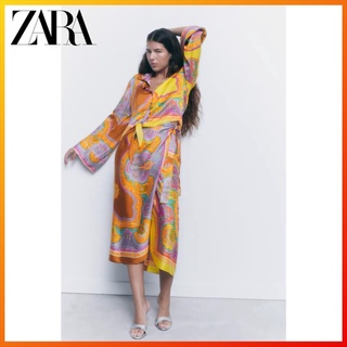 Zara เสื้อเชิ้ตแขนยาว คอปก ประดับโบว์ ทรงหลวม พิมพ์ลาย สไตล์ใหม่ สําหรับผู้หญิง