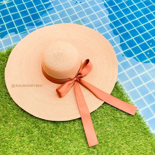 หมวกสาน ปีกกว้าง ติดโบว์สีน้ำตาล รุ่น Caramel Sun Hat : Aquamary