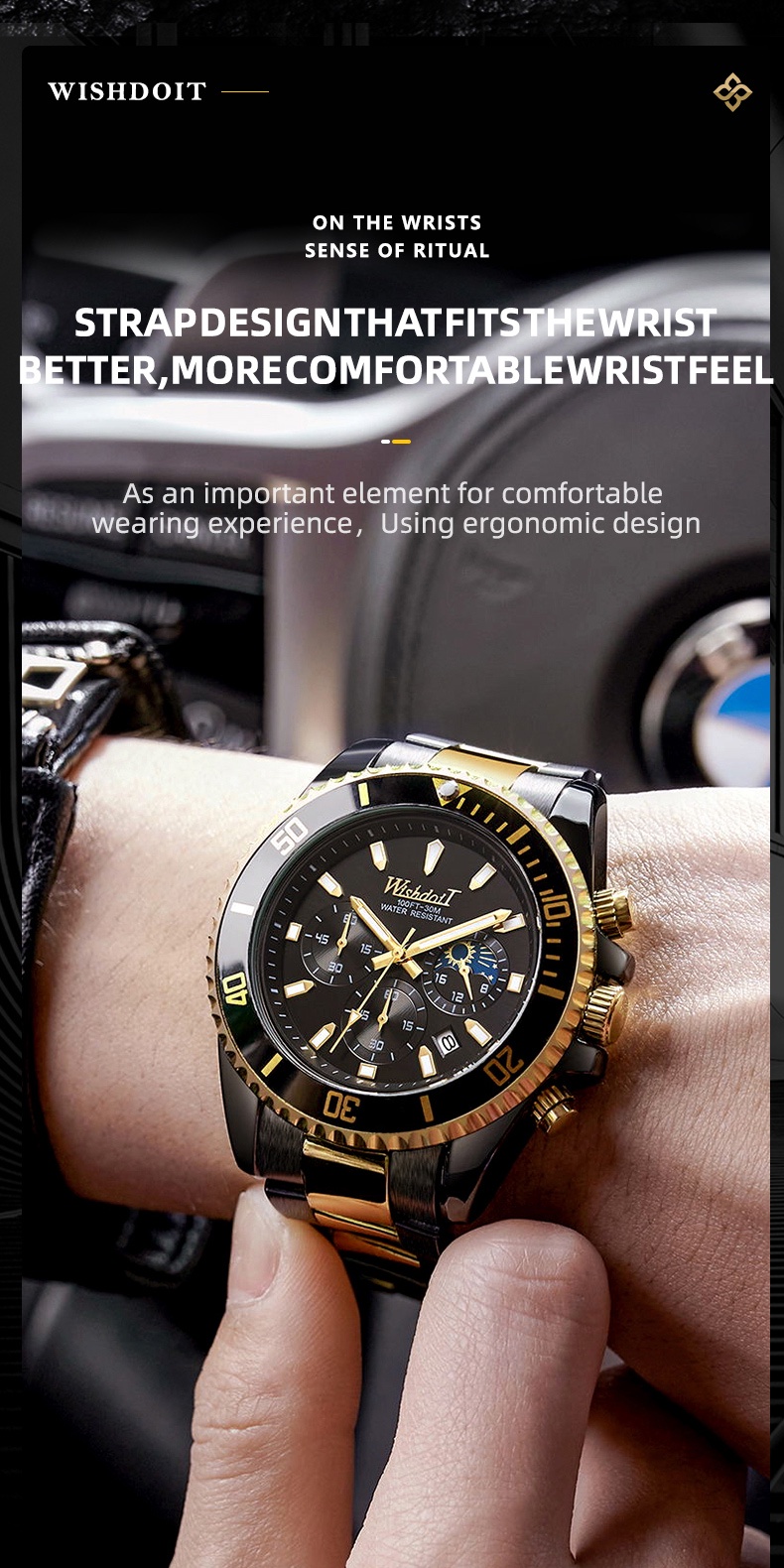 ข้อมูลประกอบของ WISHDOIT นาฬิกาข้อมือผู้ชาย นาฬิกาควอตซ์ สายสเตนเลส สไตล์สปอร์ต สีดำ หน้าปัดเรืองแสง