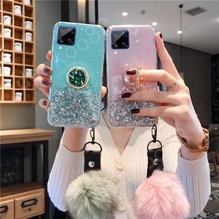 เคสโทรศัพท์ Samsung Galaxy A42 5G Phone Case Luxury Rhinestone Ring Holder Strap Fur Ball Clear Star Space TPU Soft Casing Cover for Samsung A42 5G เคส