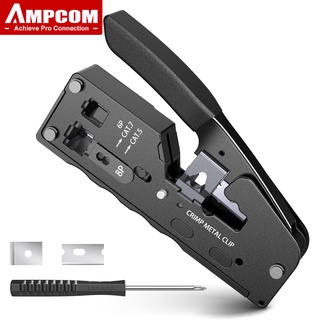 Ampcom RJ45 เครื่องมือจีบ CAT7 สําหรับ Pass Through RJ11 RJ 45 Connector CAT6 CAT5E ปลั๊กโมดูลาร์ พร้อมเครื่องตัดสายไฟ