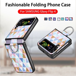 For Samsung Z Flip 4 flip4 ring shell back cover creative painted squares rhombus pattern