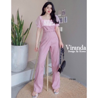 TW17519 Jumpsuit จั๊มสูทขายาว อกจับจีบย่นซ้อนผ้าออแกนดี้อย่างดี ทรงคอเหลี่ยม แต่งเเหล็กคาดที่เอว