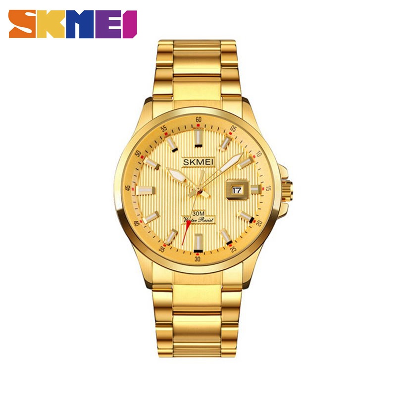 ภาพหน้าปกสินค้าSKMEI นาฬิกาข้อมือควอตซ์ แบบสายเหล็ก สีทอง สไตล์แฟชั่น สําหรับผู้ชาย