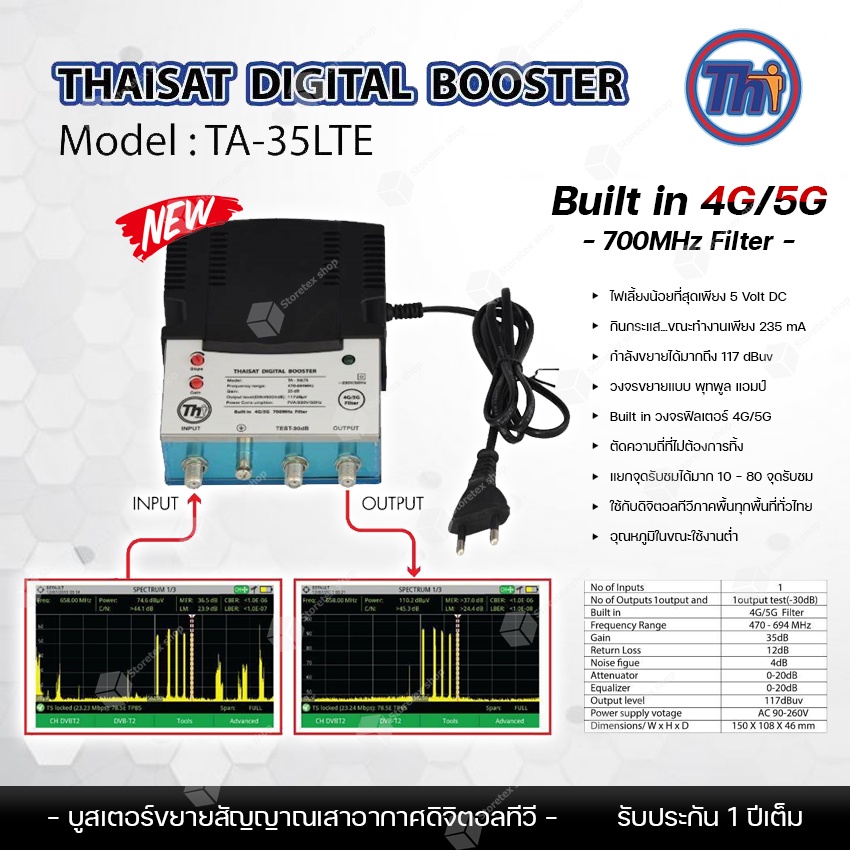 thaisat-digital-tv-booster-รุ่น-ta-35lte-4g-5g-บูสเตอร์ขยายสัญญาณเสาอากาศดิจิตอลทีวี