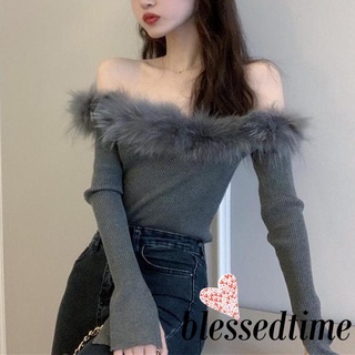 Blessedtime- เสื้อถักลําลอง แขนยาว คอเรือ สีพื้น แฟชั่นสําหรับผู้หญิง