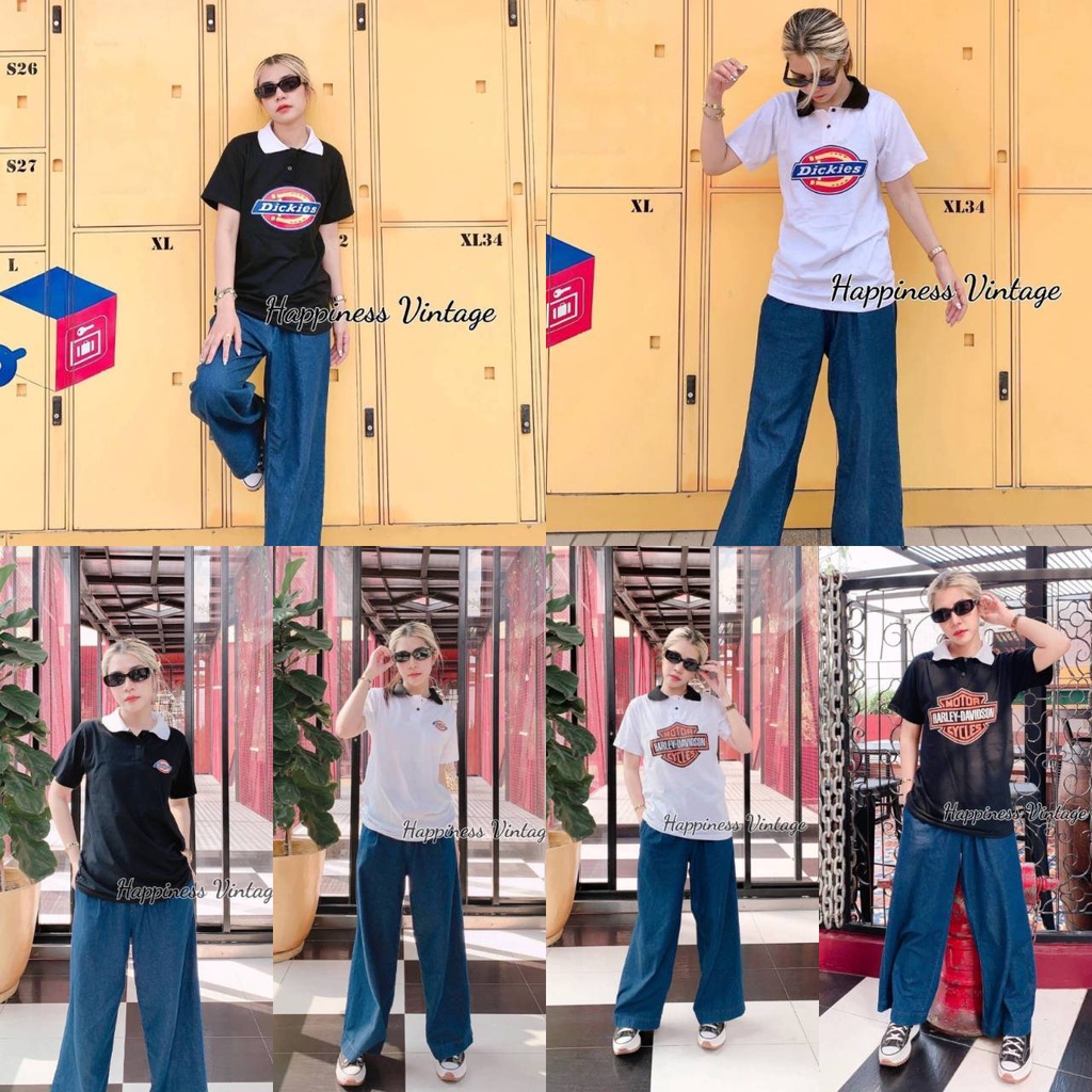 ดิ้กกี้-dickies-คอปก-ขาวดำ-วินเทจ-แขนยาว-ฮาเล่ย์-เสื้อวินเทจยอดฮิต-เสื้อวินเทจวัยรุ่น