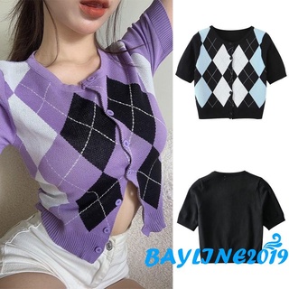 Bay- เสื้อคาร์ดิแกนคอกลมแขนสั้นแบบถักสําหรับผู้หญิงพิมพ์ลายกองทัพอาร์กิล