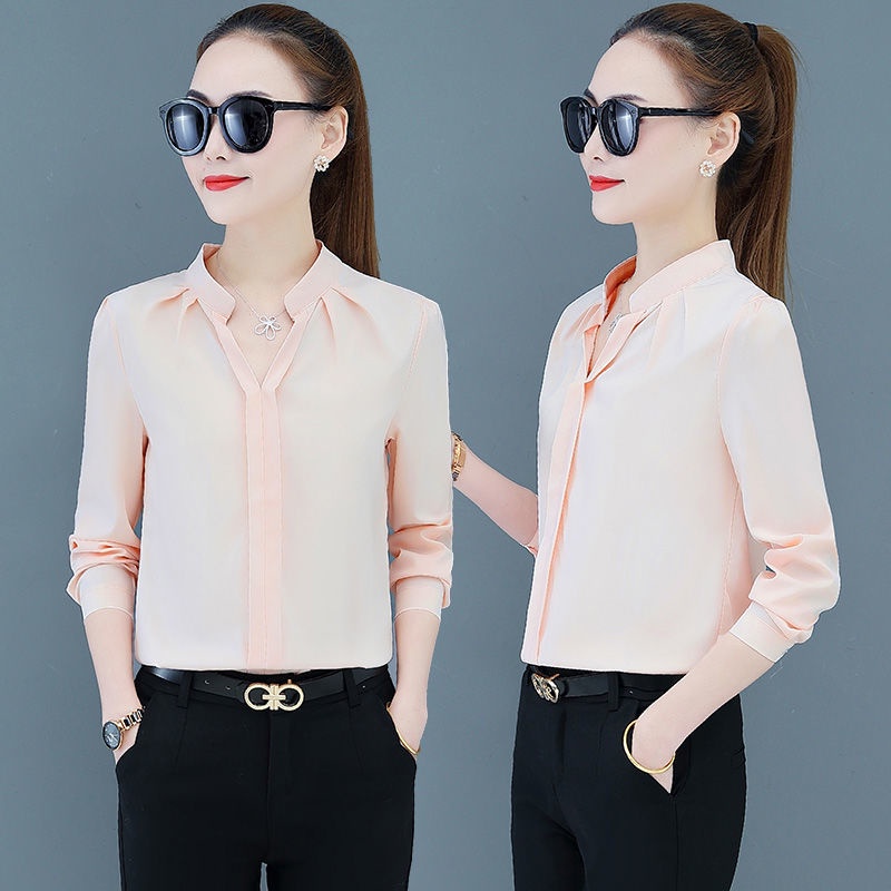 เสื้อเชิ้ตแขนยาว-คอวี-ผ้าชีฟอง-ทรงหลวม-สีขาว-สไตล์เกาหลี-สําหรับผู้หญิง