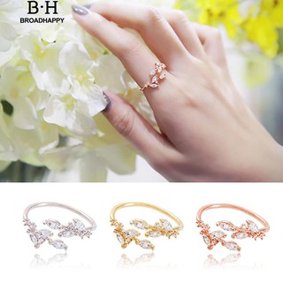 💘broadhappy💍แฟชั่นผู้หญิงปรับเปิดแหวน Rhinestone ฝังใบไม้คลับ แหวนเกลี้ยง