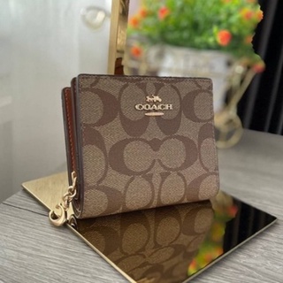 🎀 (สด-ผ่อน) กระเป๋าใส่บัตร แบบบาง สีน้ำตาล Redwood COACH C3309 SNAP WALLET IN SIGNATURE CANVAS