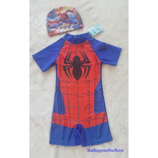 ชุดว่ายน้ำบอดี้สูท ซิปหลัง พิมพ์ลาย spiderman สีน้ำเงิน พร้อม หมวก