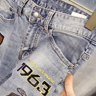 ◆กางเกงยีนส์ผู้ชายสถานียุโรปร้อน Rhinestone เย็บปักถักร้อยรูปแบบยืดกางเกงบางใหม่แบรนด์อินเทรนด์กางเกงกางเกง