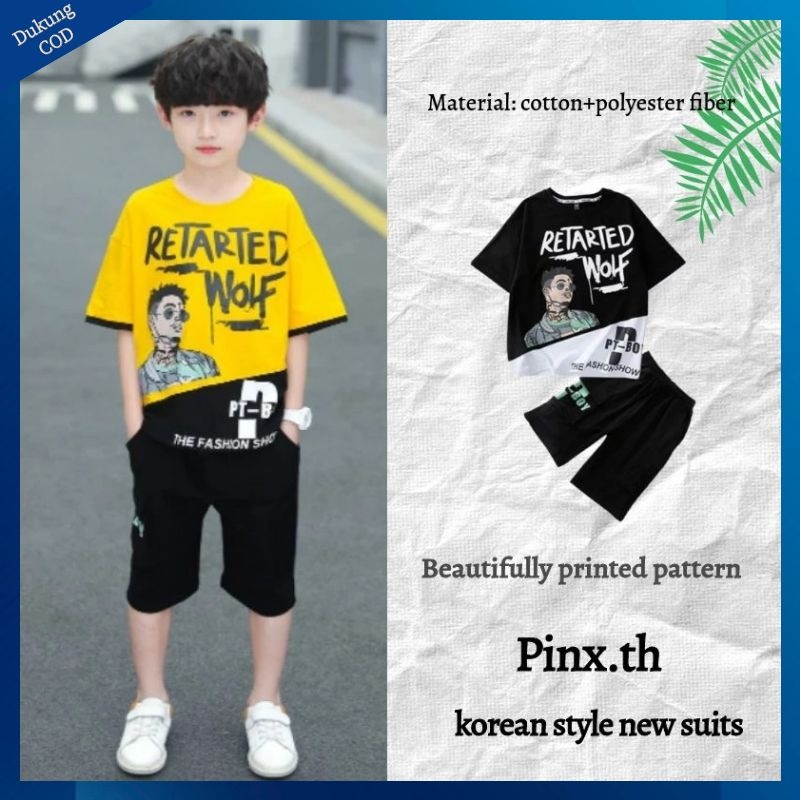 ภาพหน้าปกสินค้าPinx ชุดเสื้อยืดแขนสั้นเด็กชาย 2022 ใหม่วัยกลางคนเด็กเกาหลีหลวมชุดสูทสองชิ้น