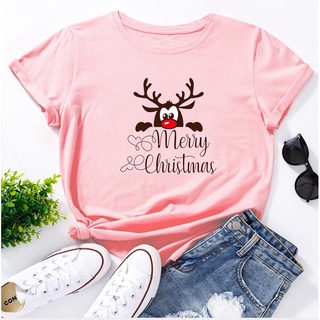 ⚡️ พร้อมส่ง⚡️ New Christmas Printed Womens Round Neck T-Shirt Fashion Cartoon Letter Short Sleeve Female