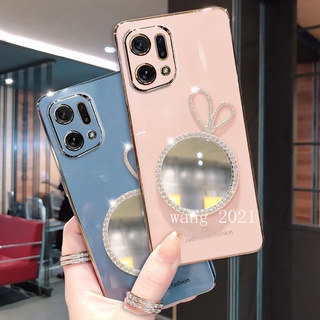 Phone Case เคส OPPO Find X5 Pro 5G A96 A76 A16e A16k 4G Casing Straight Edge Plating Makeup Mirror with Crown Ultra-thin Silicone Soft Case เคสโทรศัพท
