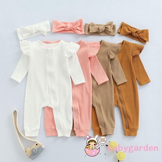 Babygarden-0-18months ชุดรอมเปอร์ จั๊มสูท คอกลม แขนยาว มีซิปเอียง สีพื้น พร้อมที่คาดผม สําหรับเด็กผู้หญิง