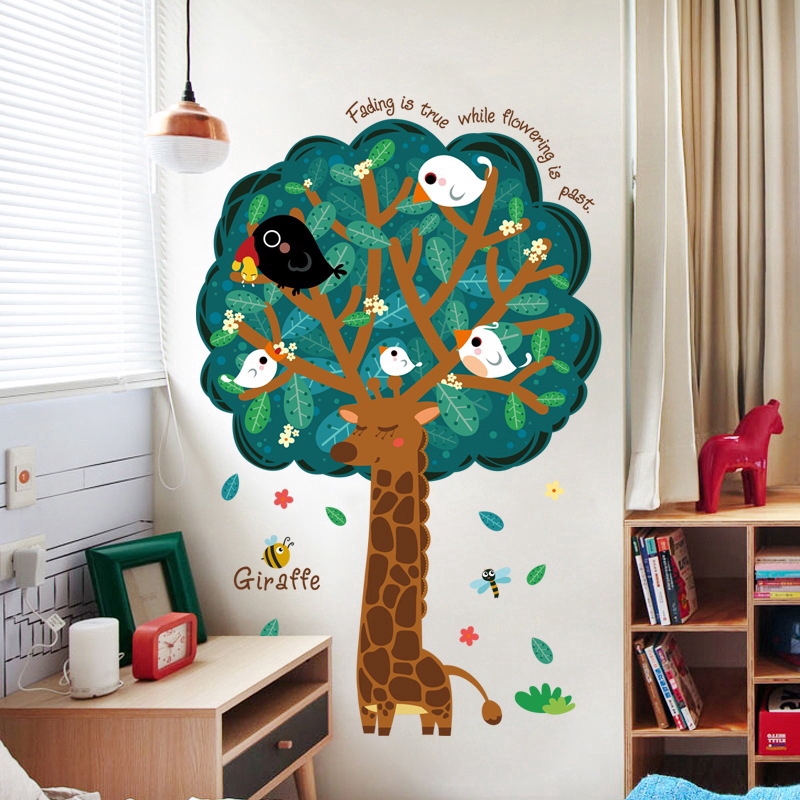 zooyoo-สติ๊กเกอร์ติดผนัง-big-tree-giraffe-cartoon-wall-stickers-room-decoration-wall-sticker