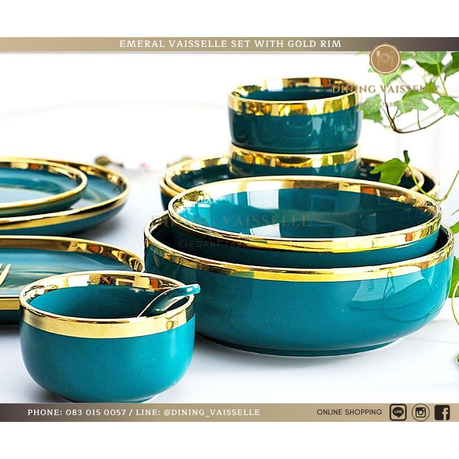 ชุดจานชาม-emerald-plate-set-ขอบทอง-สวยมาก-เนื้อporcelain-ceramicอย่างดี-อุปกรณ์บนโต๊ะอาหาร