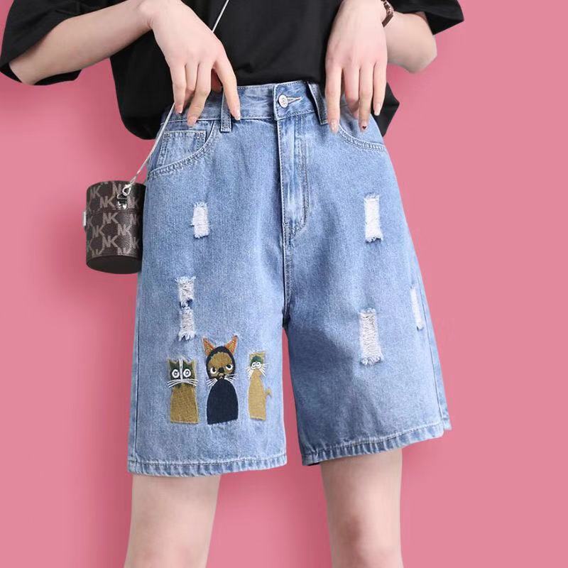 ยีนส์ผู้หญิง-เวอร์ชั่นเกาหลี-ฤดูร้อน-เอวสูง-เย็บปักถักร้อย-กางเกง-กางเกงขาสั้น-กางเกงยีนส์แฟชั่นผู้หญิง