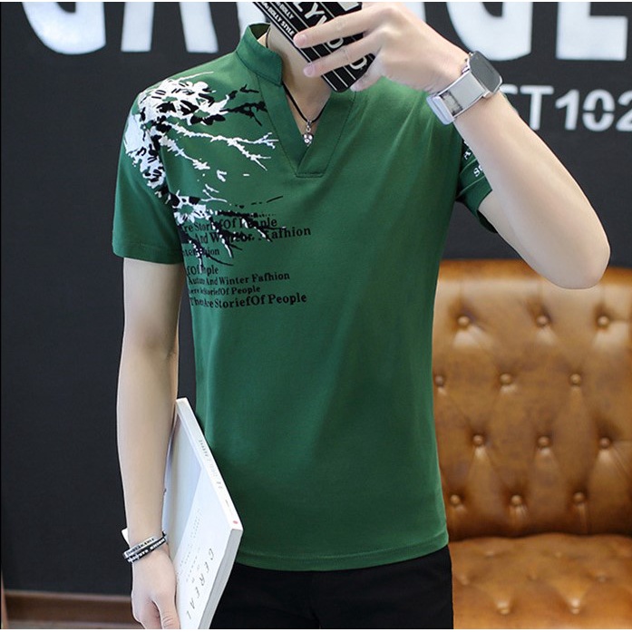เสื้อยืดแขนสั้นคอจีน-สไตล์เกาหลี-รหัส-v002-สีเขียว