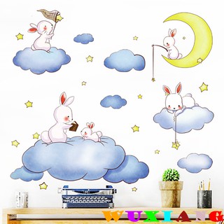 【wuxiang】สติกเกอร์ติดผนัง ลายกระต่าย ท้องฟ้า เมฆ ดวงจันทร์ ดาว มีกาวในตัว