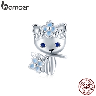 bamoer Fairy Cute Cat Elf  Flower Pendant Charm for Bracelet Chain    Girl Gifts 100% 925 Sterling Silver Jewelry Bijoux BSC394