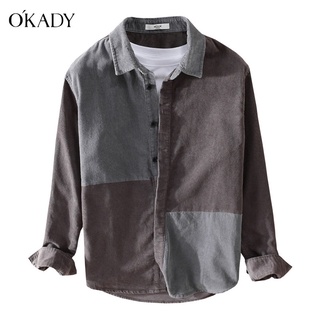 สินค้า OKADY เสื้อเชิ้ตผ้าลูกฟูกผู้ชายแจ๊กเก็ตหลวมและลำลอง