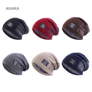 Asaka หมวกบีนนี่ ผ้าวูลถัก ผ้ากํามะหยี่ แบบหนา ให้ความอบอุ่น แฟชั่นฤดูหนาว สไตล์เกาหลี สําหรับผู้ชาย