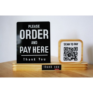 Premium ป้าย​ตั้งโต๊ะ ORDER &amp; PAY HERE พิเศษพร้อมป้าย QR Code แบบตั้งโต๊ะ งานอะคริลิค เงาวิบวับ กรอบไม้สไตล์ Japanese