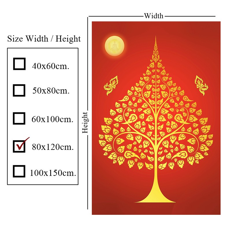 ภาพติดผนัง-ต้นโพธิ์พระจันทร์เทวดาสาธุพื้นแดง-กาวในตัว