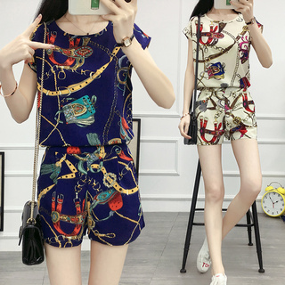 Fashiop.shop.BKK ใหม่ ชุดสไตล์ตะวันตกฤดูร้อนหญิงแฟชั่นใหม่ลมหวานขนาดเล็กแขนสั้นกางเกงขาสั้นสอง woolly