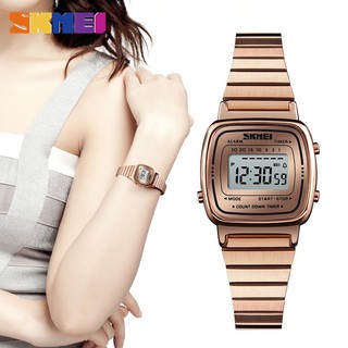 SKMEI นาฬิกา นาฬิกาข้อมือผู้หญิง แบบกันน้ำ นาฬิกาข้อมือดิจิทัล LED สายสเตนเลส（Updated version）