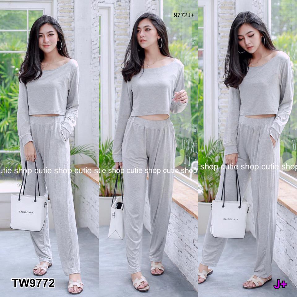 เสื้อครอปแขนยาวคอกว้าง-กางเกงขายาว-tw9772