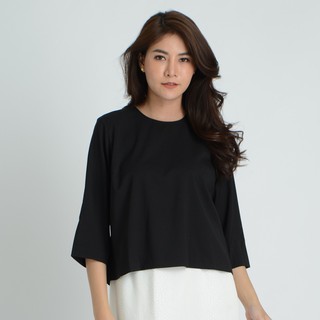 GSP BLOUSE เสื้อจีเอสพี เสื้อไม่มีปก คอกลม แขนยาวสามส่วน สีดำ (SL38BL)