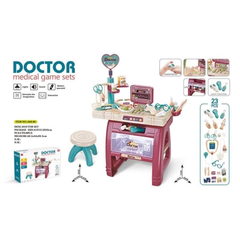 new-doctor-medical-game-playset-ชุดเคาน์เตอร์คุณหมอพร้อมเก้าอี้-อุปกรณ์-23-ชิ้น-ครบชุด