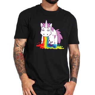 เสื้อยืดลําลอง ผ้าฝ้าย แขนสั้น คอกลม ลายการ์ตูนยูนิคอร์น สีรุ้ง สีดํา สําหรับผู้ชาย DF12HJ3264