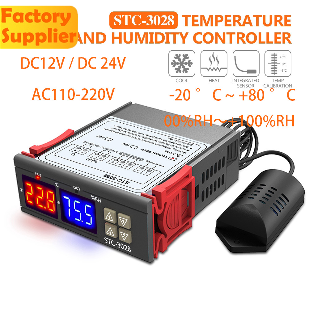ภาพหน้าปกสินค้าAC110-220V DC12V 24 โวลต์ 10A คู่จอแสดงผล LED เทอร์โม STC-3028 อุณหภูมิความชื้นเมตรควบคุมด้วย P Robe