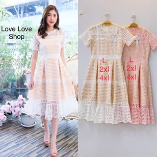 เดรสขาวงานบุญ!!! L-4XL Mini Dress เดรสสีชมพูแขนสั้นผ้าถักฉลุลาย งานป้าย Love love