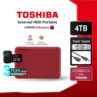 ภาพขนาดย่อของสินค้าToshiba External HDD (4TB) USB 3.2 SuperSpeed, รุ่น (Canvio Advance V10) Security Auto-backup 2.5" สีเเดง ฮาร์ดดิสพกพา Portable Hard drive ฟรี  กระเป๋ากันกระแทก (TSB-HDTCA40AR3CA)