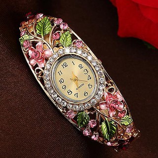 Chu_women นาฬิกาข้อมือ Analog Quartz ประดับคริสตัลดอกไม้
