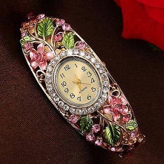 Chu_women นาฬิกาข้อมือ Analog Quartz ประดับคริสตัลดอกไม้