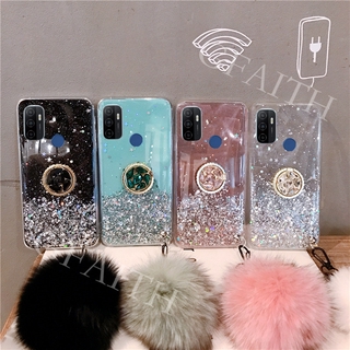 Ready เคสโทรศัพท์ OPPO A53 2020 New Case TPU Softcase Luxury Rhinestone Ring Holder Strap Fur Ball Clear Star Space Cover For TPU Softcase Casing