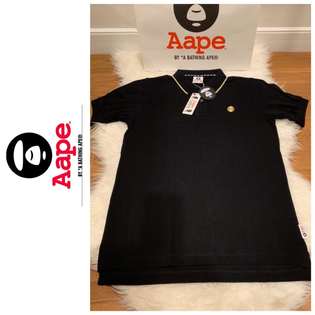 แท้-used-aape-by-a-bathing-ape-polo-shirt-เสื้อโปโลแบรนด์เนม-size-s-สีดำ-สภาพดี-อุปกรณ์-ถุงใสจากช้อป