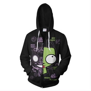 พร้อมส่ง เสื้อแจ็กเก็ตคอสเพลย์ หุ่นยนต์ มีซิป แบบสวมหัว ลายอนิเมะ Invader ZIM