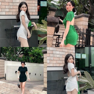 Minidress 🌿  มินิเดรส เว้าหลัง ผ้ายืดอัดยับ อยากบอกว่าผ้าดีมากกก ใส่แล้วได้ทรงสวยมากกก ดีเทลแต่งกระดุมผูกเชือกหลัง