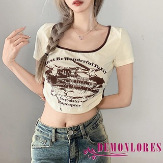 Demonlores- เสื้อครอปท็อป คอสี่เหลี่ยม แขนสั้น พิมพ์ลายตัวอักษร แบบสวมหัว ทรงไม่สมมาตร สําหรับผู้หญิง