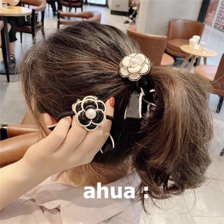 New Korean black and white small fragrance hair ring classic hair rope retro bow camellia head rope net red tie hair rubber band